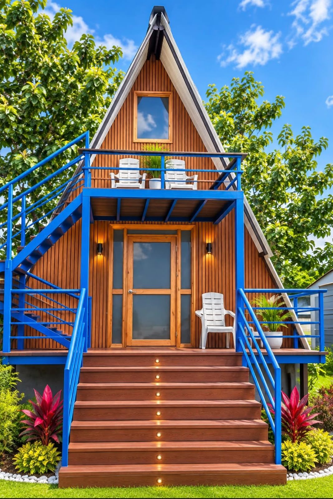 Glamping de pareja con escaleras azules y balcón